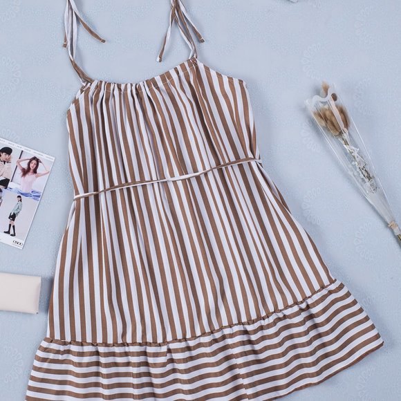 Brown Stripe Tie Straps Dress - Picture 6 of 10
